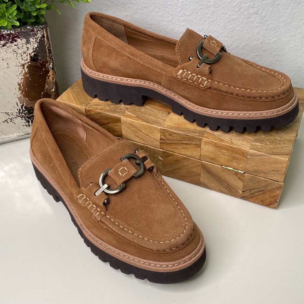Donald Pliner Helio Suede Bit Buckle‎ Lug Sole Platform Loafers in Saddle Size 7